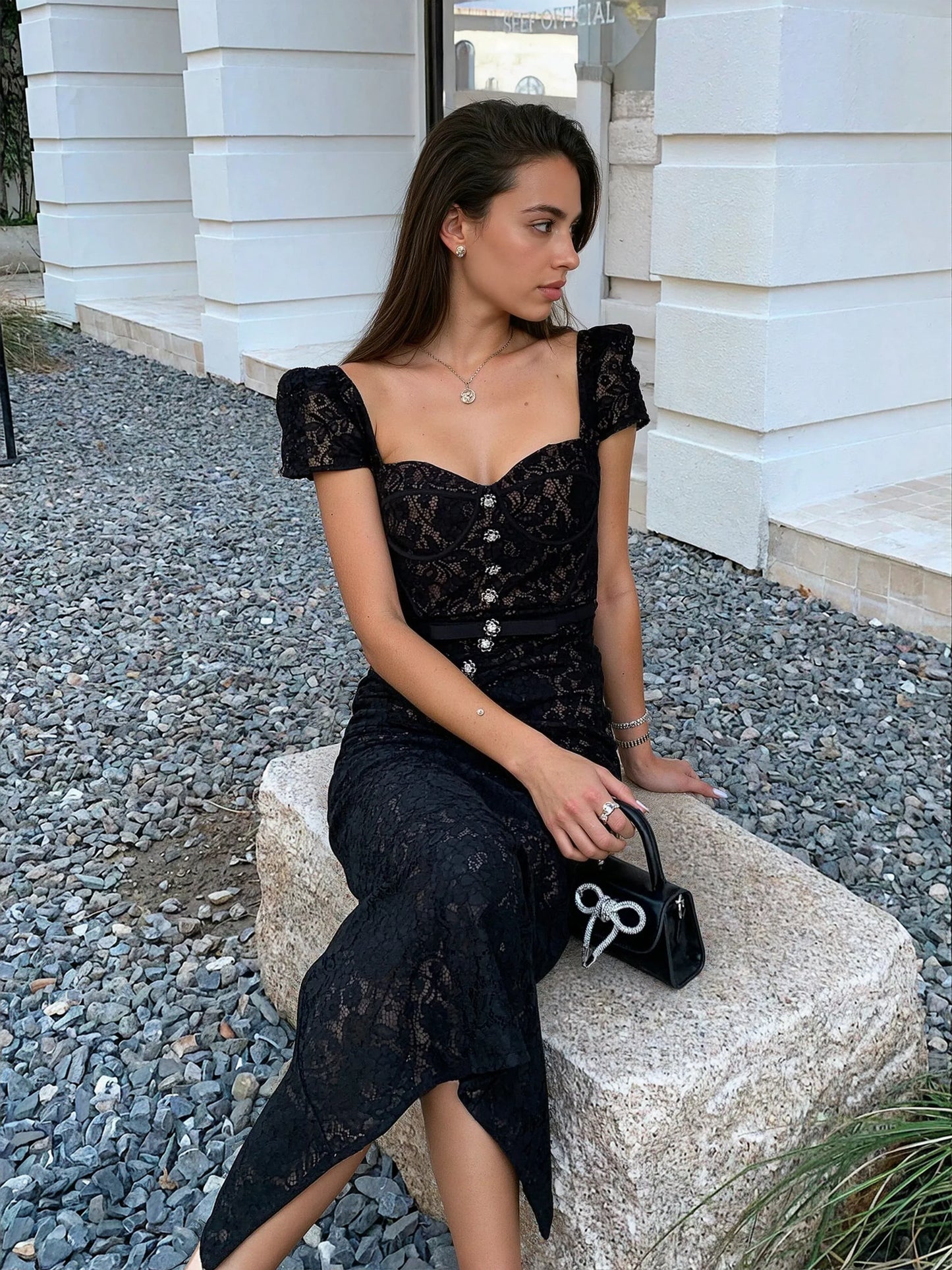 Siyah Balenli Dantel Elbise