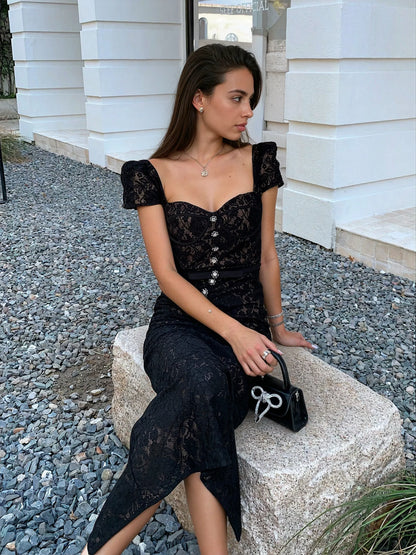 Siyah Balenli Dantel Elbise