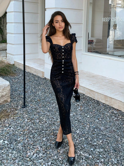 Siyah Balenli Dantel Elbise