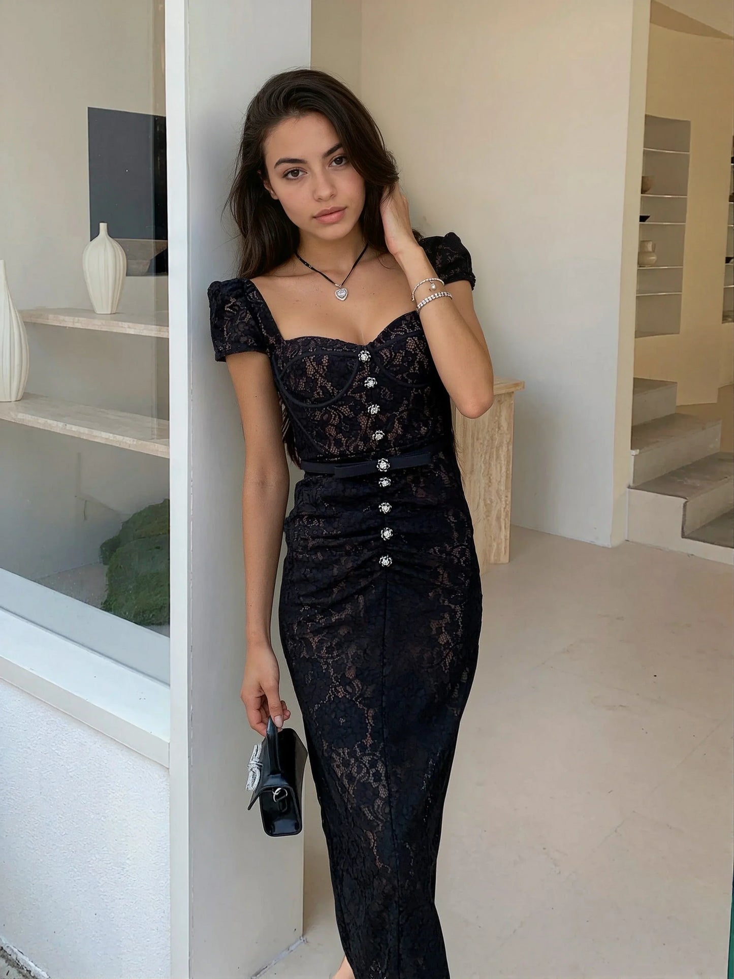 Siyah Balenli Dantel Elbise