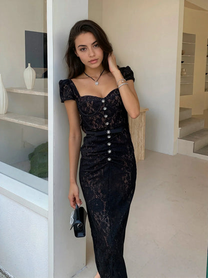 Siyah Balenli Dantel Elbise