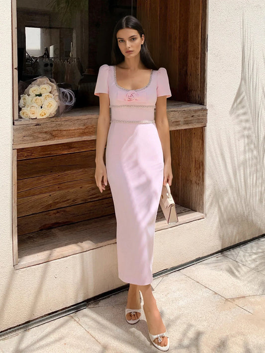 Audrey Işıltılı Gül Detaylı Maxi Elbise