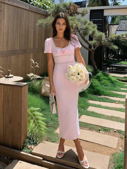 Audrey Işıltılı Gül Detaylı Maxi Elbise