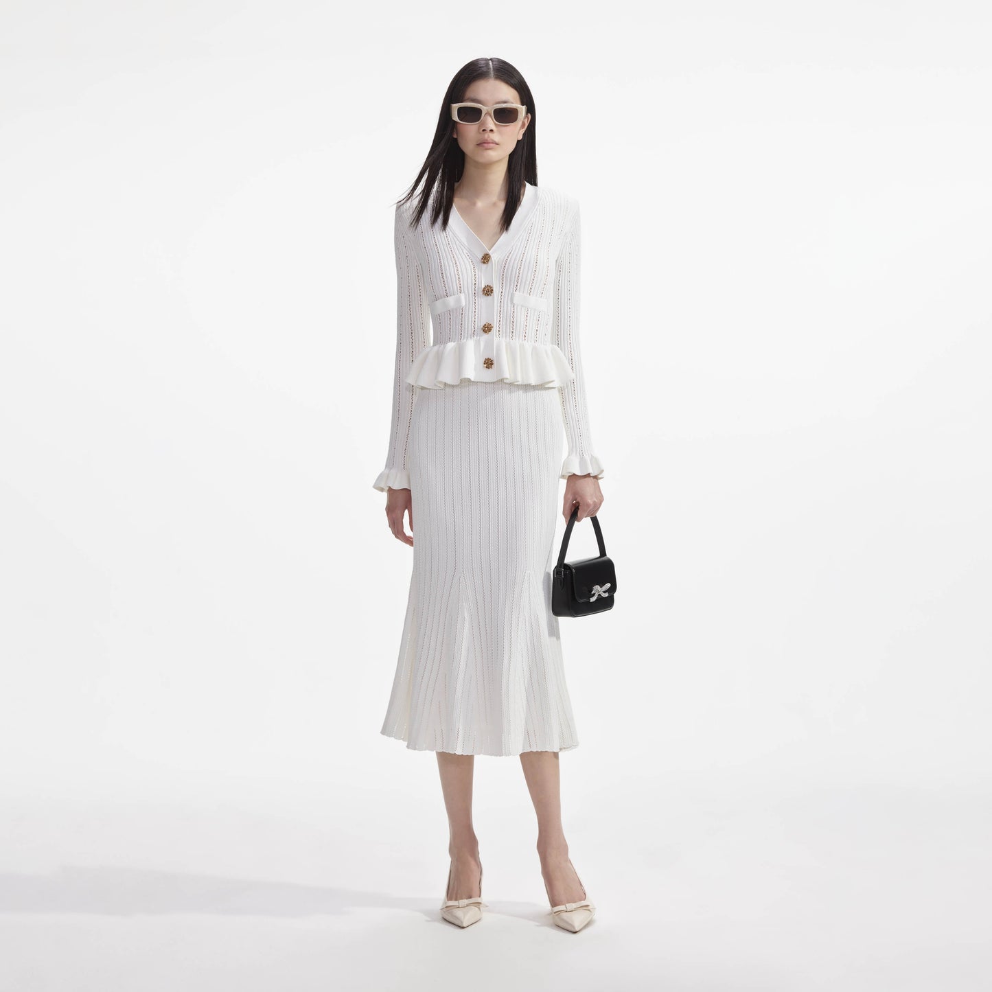 Beyaz Örme Peplum Midi Elbise