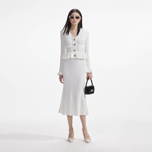 Beyaz Örme Peplum Midi Elbise