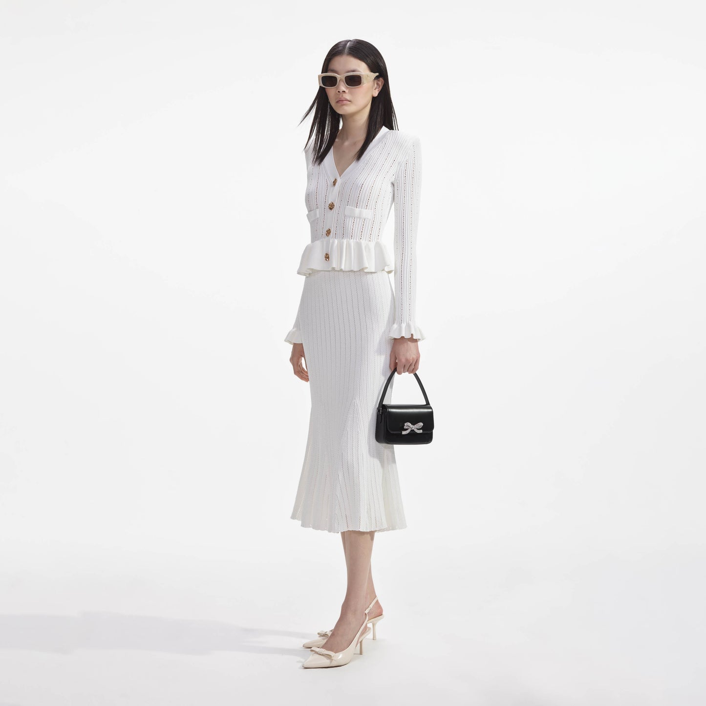 Beyaz Örme Peplum Midi Elbise