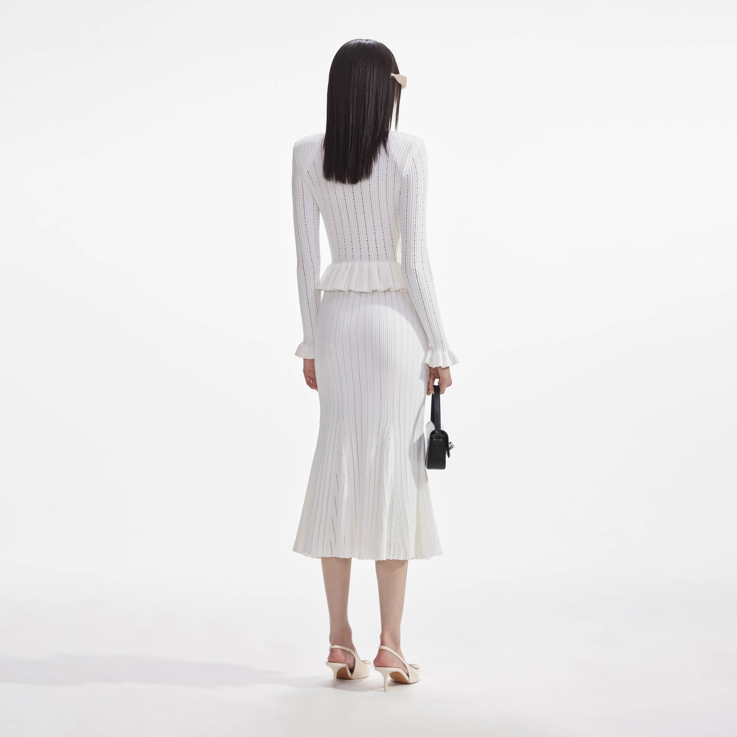 Beyaz Örme Peplum Midi Elbise