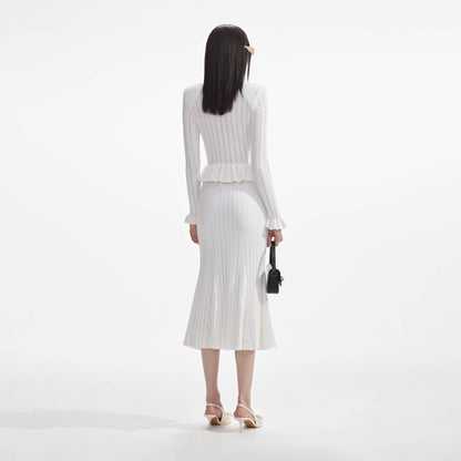 Beyaz Örme Peplum Midi Elbise