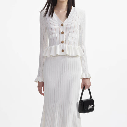 Beyaz Örme Peplum Midi Elbise