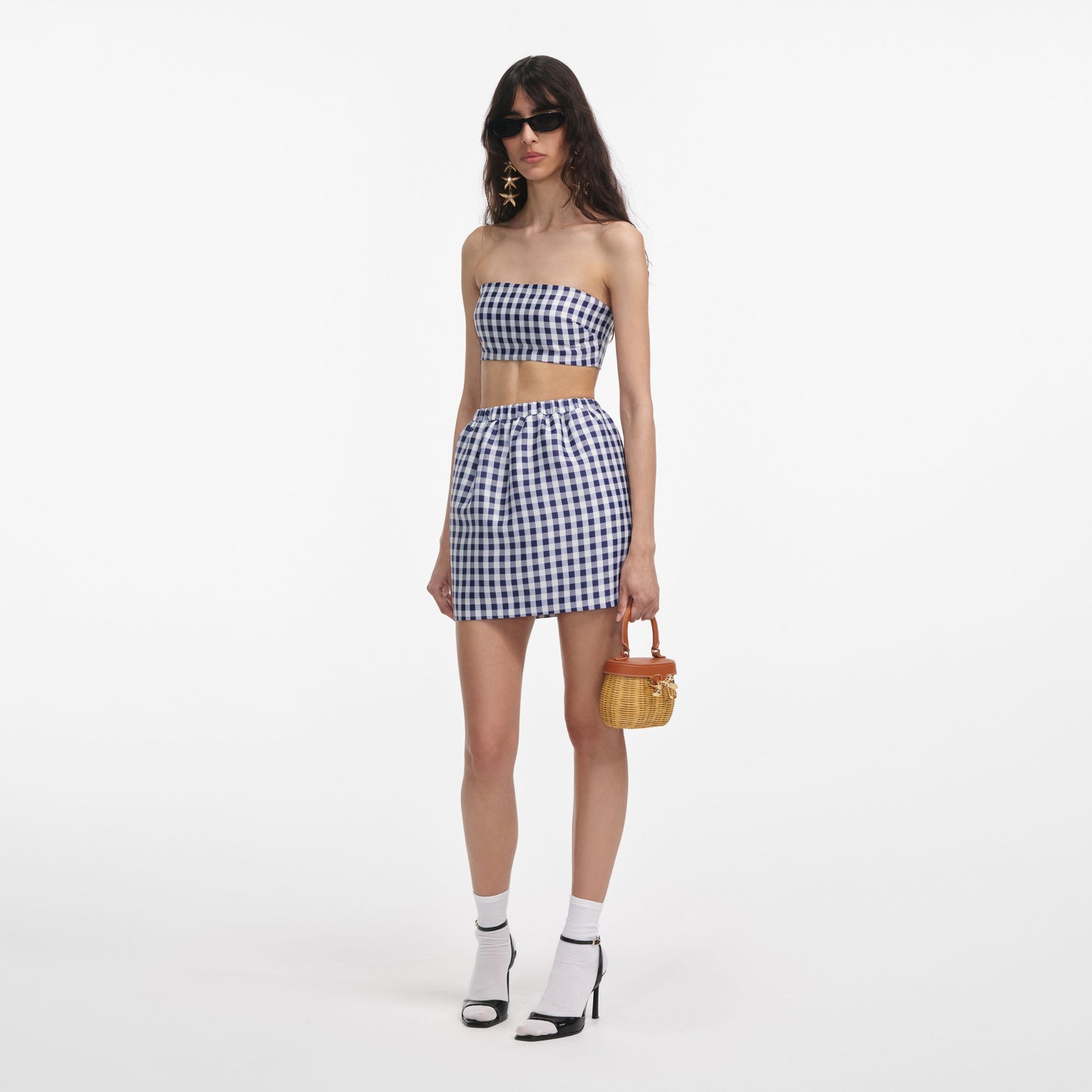 Lacivert Gingham Tafta Mini Etek