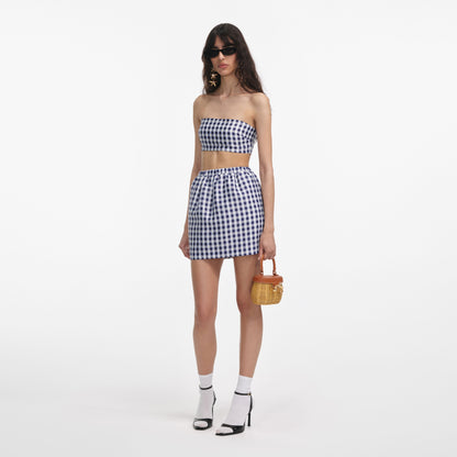 Lacivert Gingham Tafta Mini Etek
