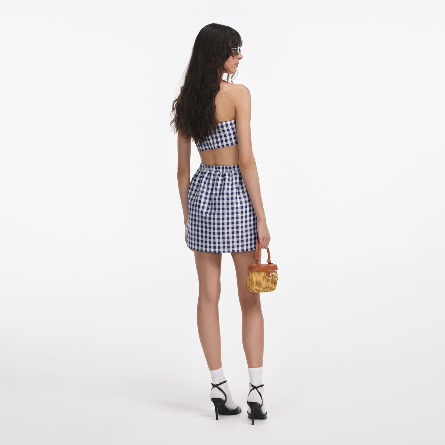 Lacivert Gingham Tafta Mini Etek