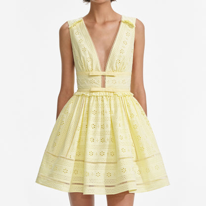 Sarı Pamuklu Broderie Mini Elbise