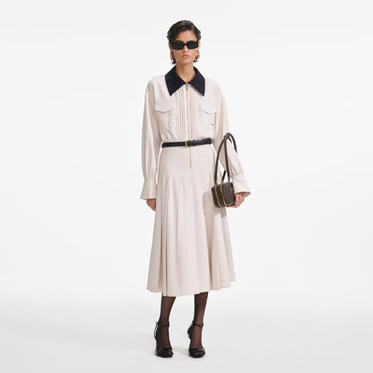 Krem Twill Kontrast Yaka Midi Elbise