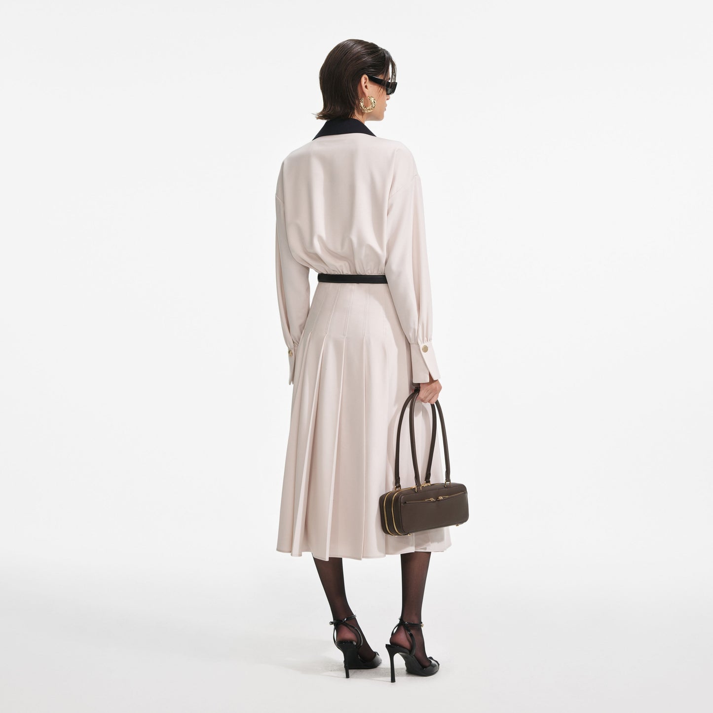 Krem Twill Kontrast Yaka Midi Elbise