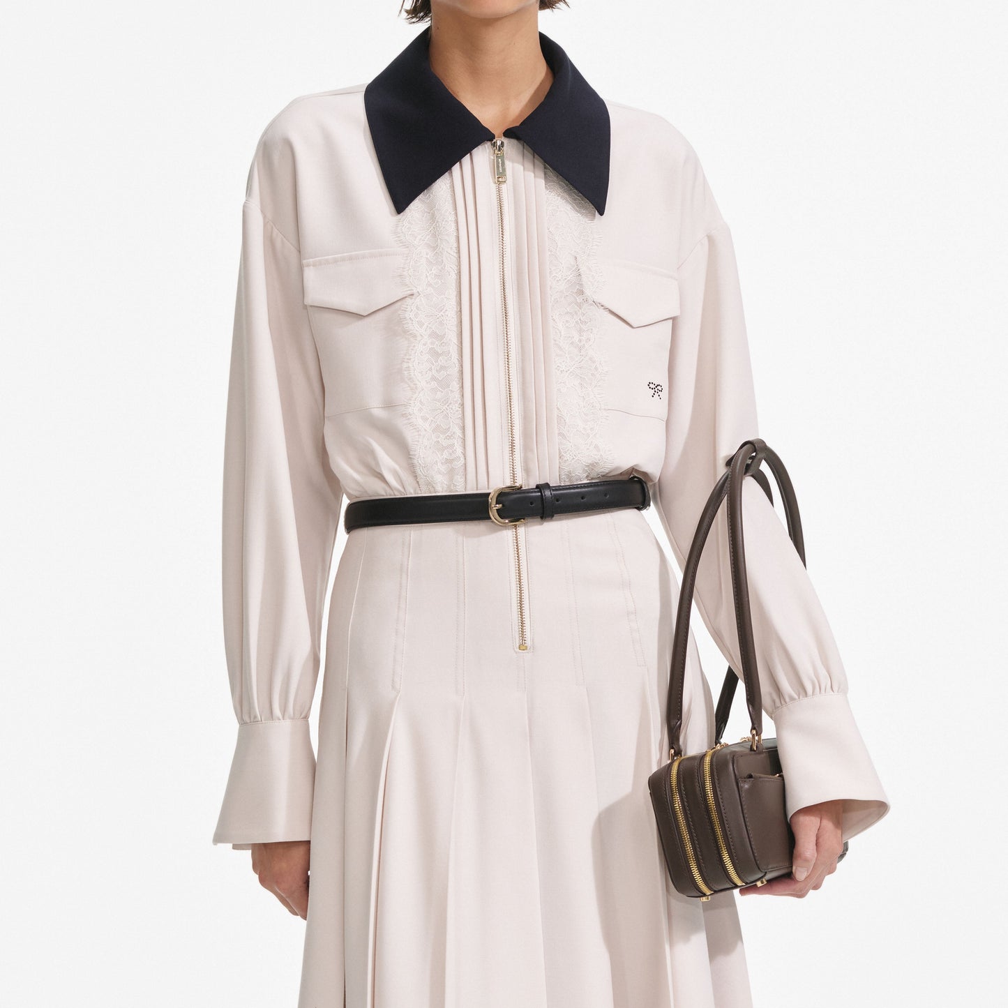 Krem Twill Kontrast Yaka Midi Elbise