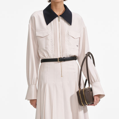 Krem Twill Kontrast Yaka Midi Elbise