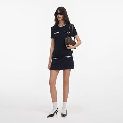 Lacivert Buklet Mini Elbise