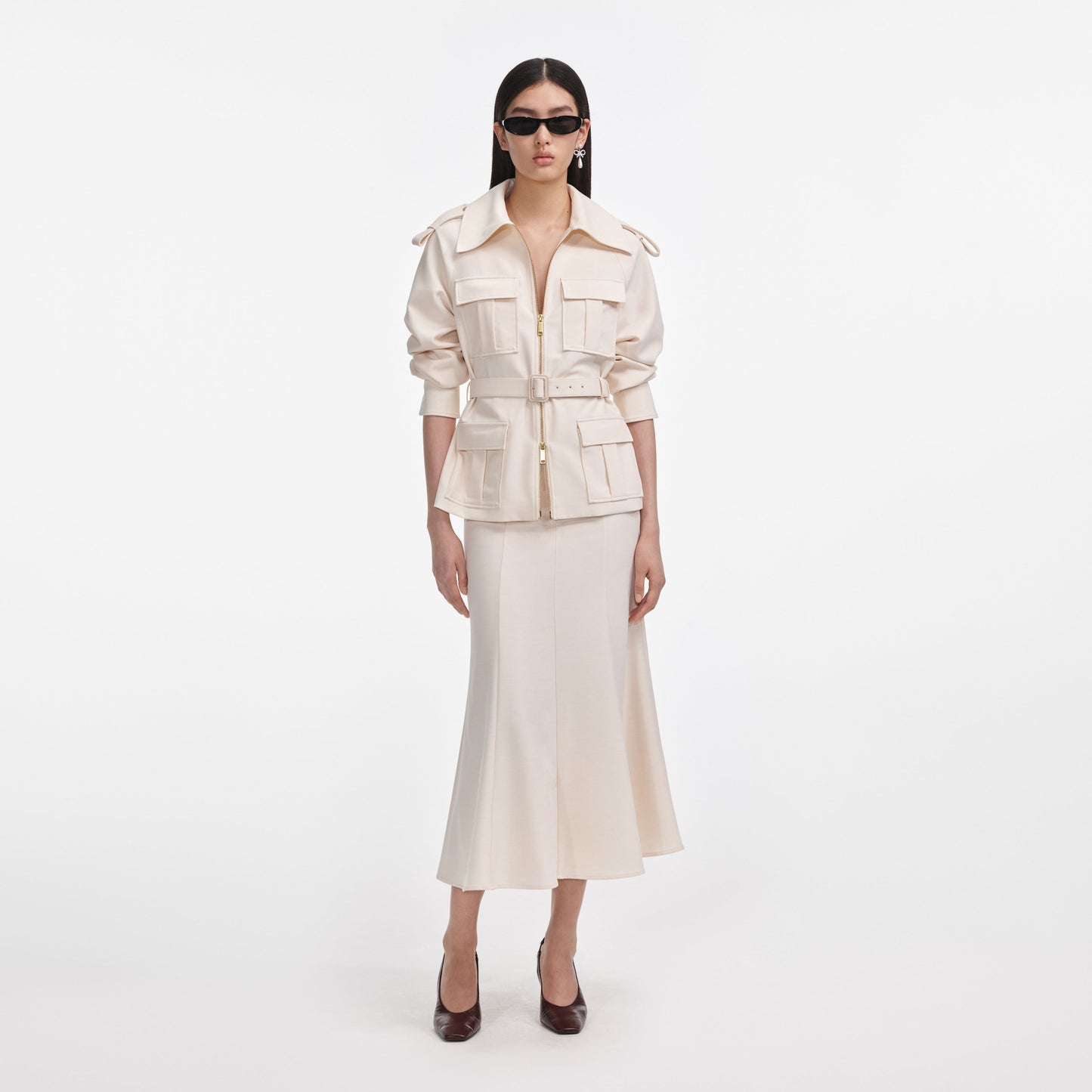 Krem Twill Midi Elbise