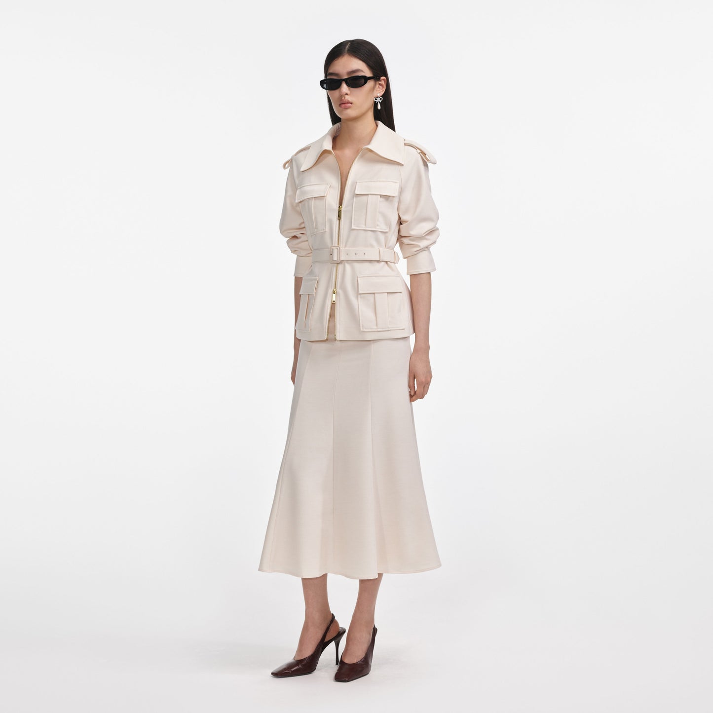 Krem Twill Midi Elbise