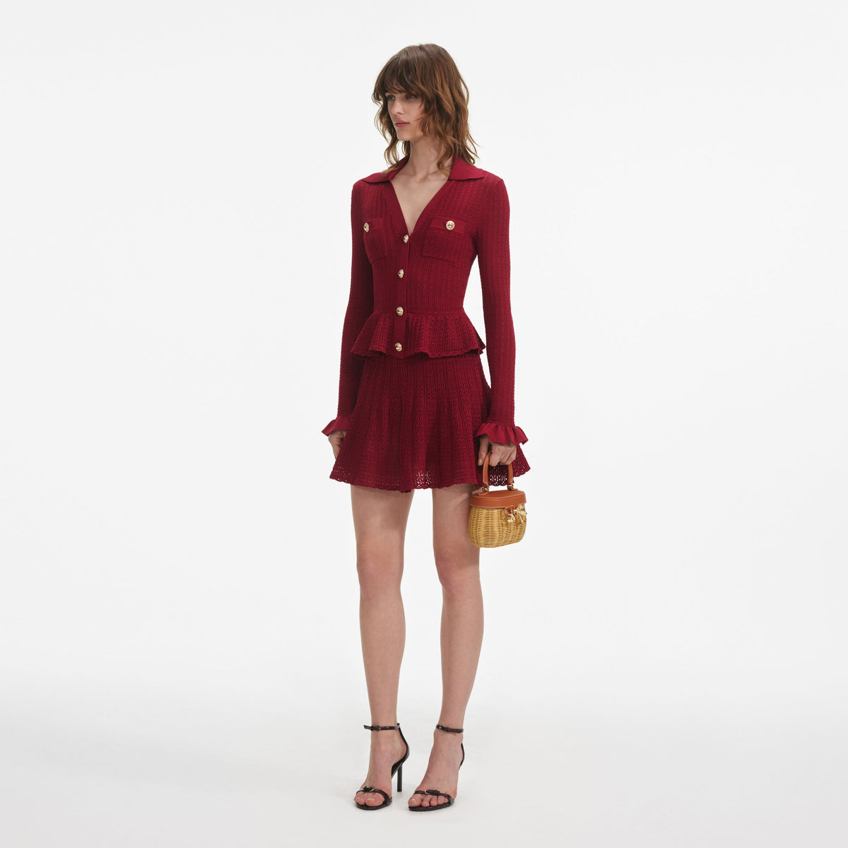 Bordo Pointelle Örgü Mini Elbise