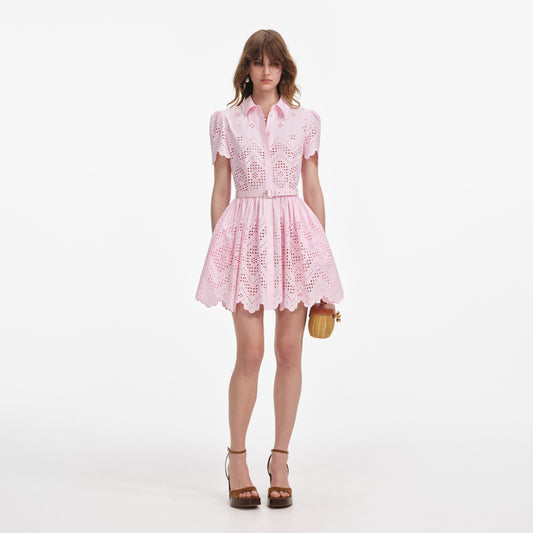 Pembe Pamuklu Broderie Mini Elbise