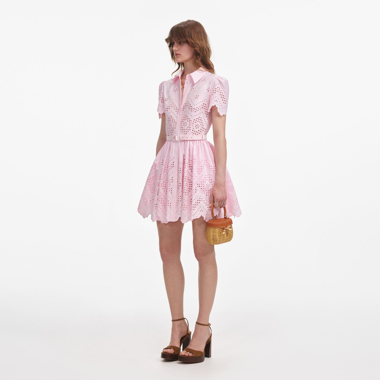 Pembe Pamuklu Broderie Mini Elbise