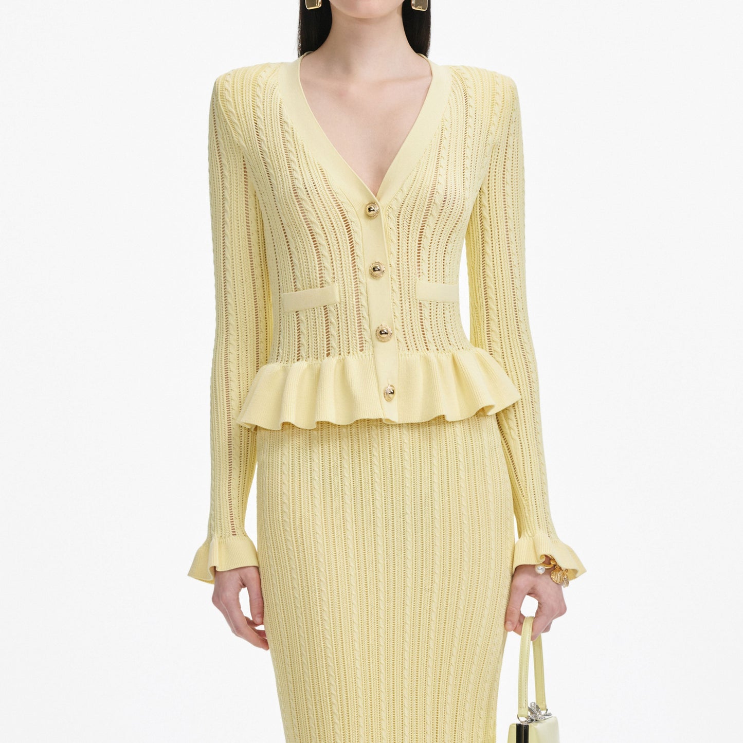 Sarı Örgü Peplum Midi Elbise