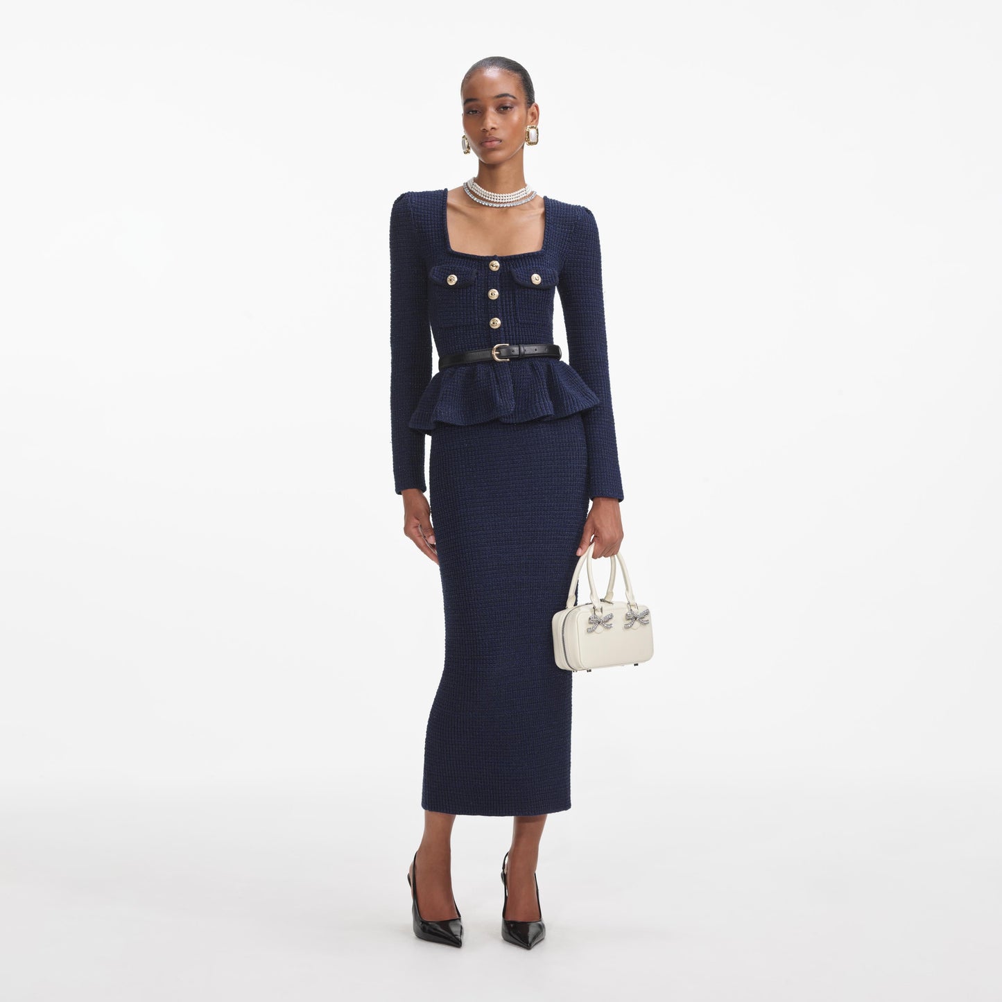 Lacivert Örme Peplum Midi Elbise