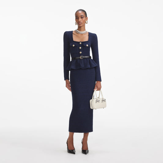 Lacivert Örme Peplum Midi Elbise