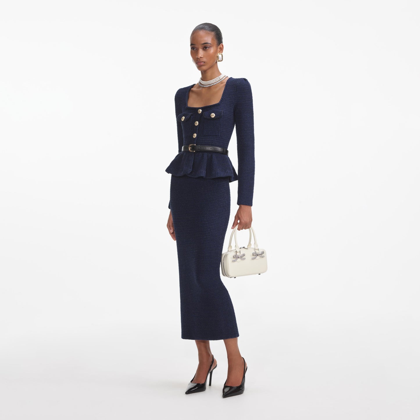 Lacivert Örme Peplum Midi Elbise