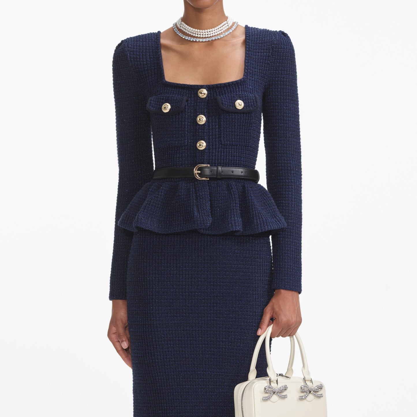 Lacivert Örme Peplum Midi Elbise