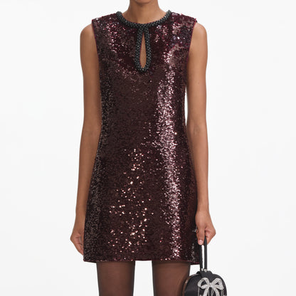 Bordo Pullu Mini Elbise