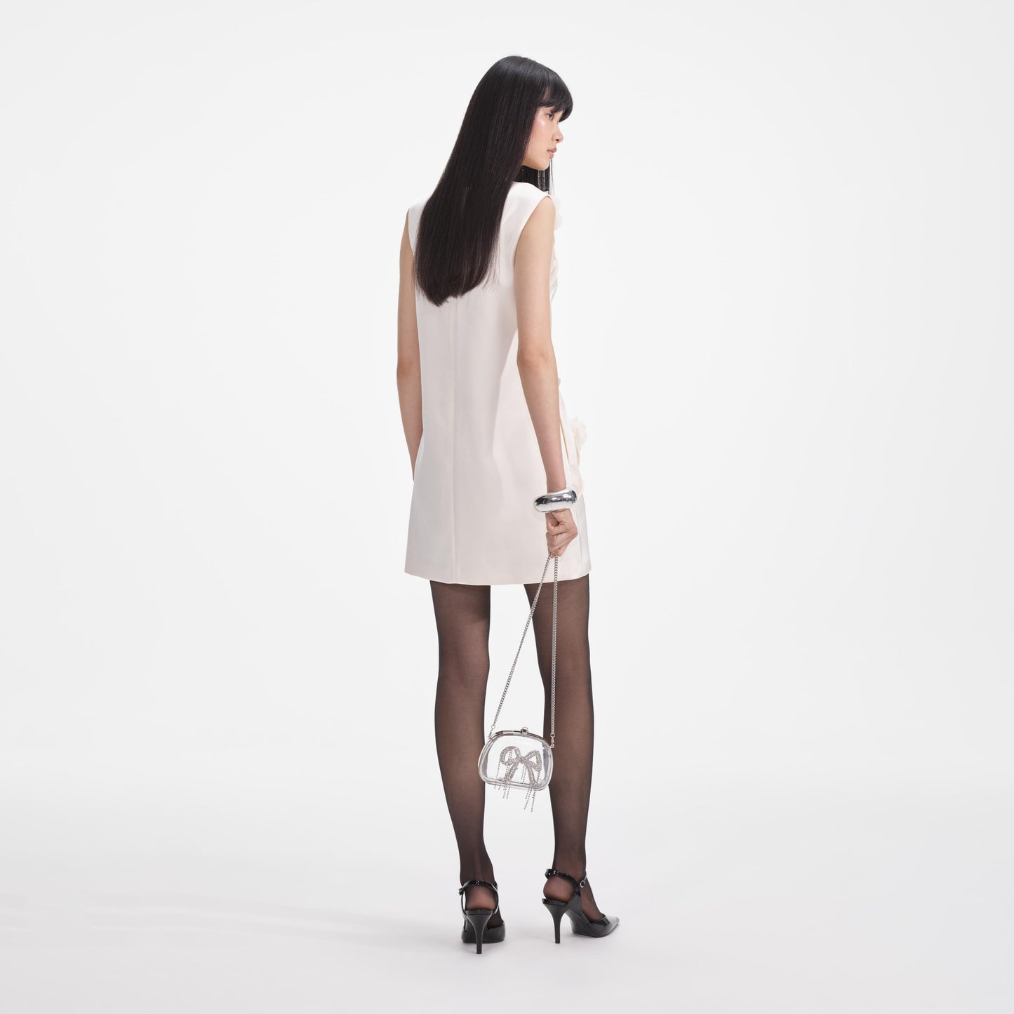 Krem 3D Çiçekli Saten Mini Elbise