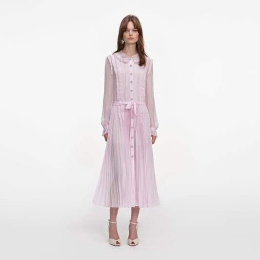 Pembe Pileli Georgette Midi Elbise
