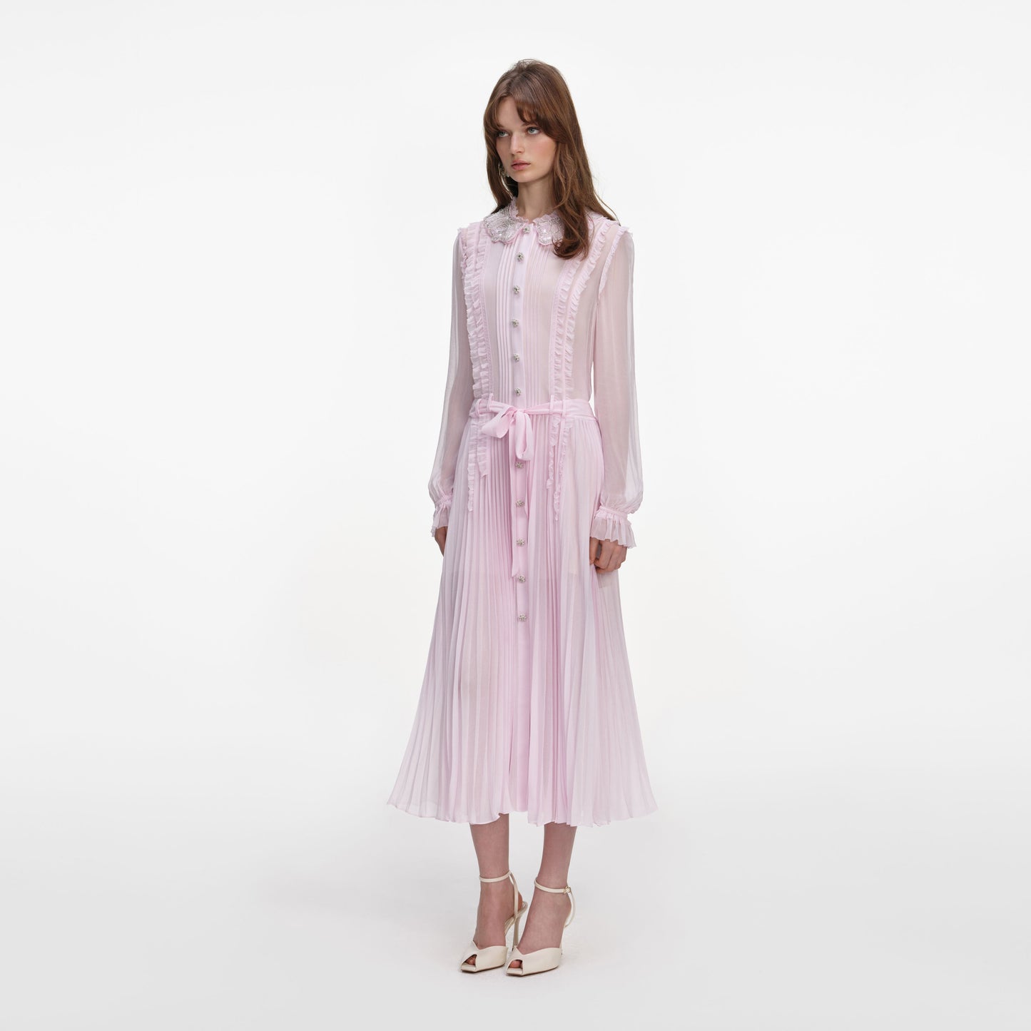 Pembe Pileli Georgette Midi Elbise