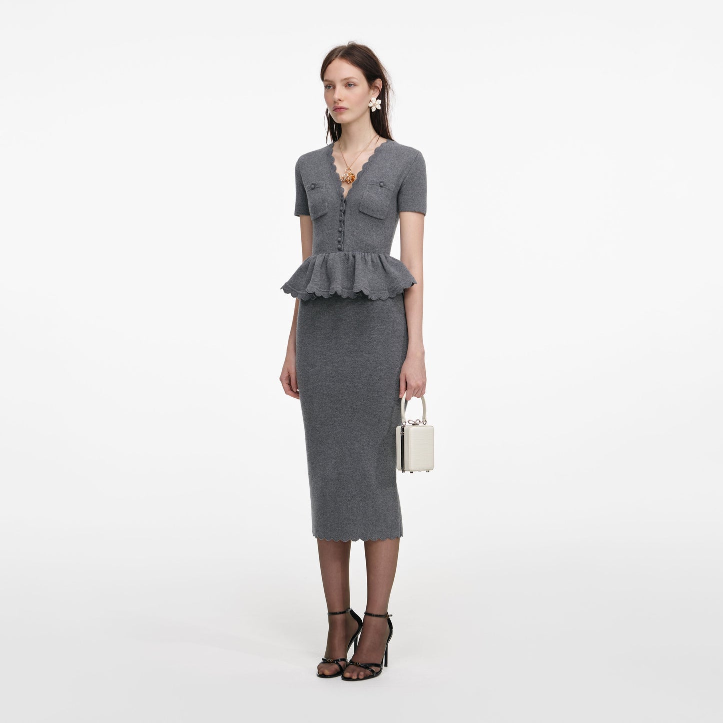 Gri Peplum Örgü Midi Elbise