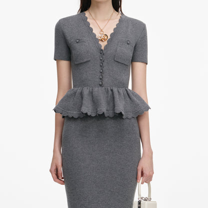 Gri Peplum Örgü Midi Elbise