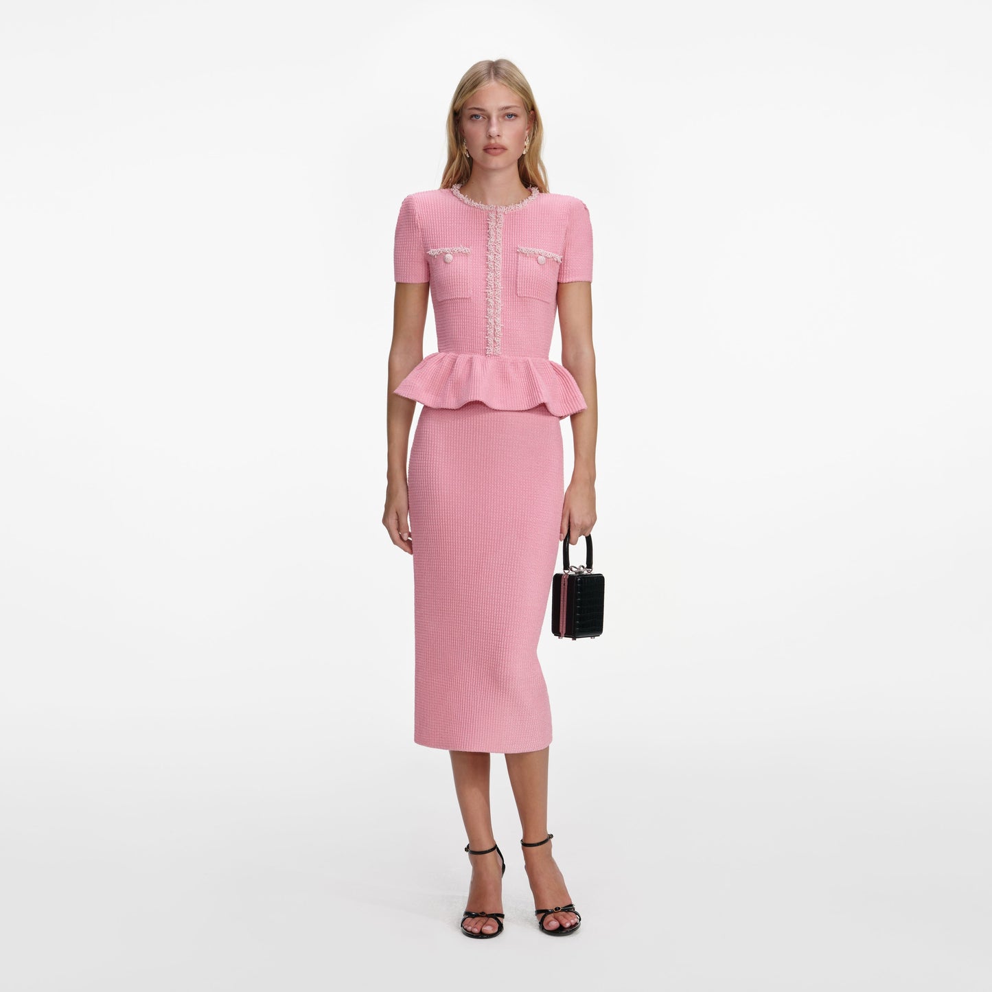 Pembe Peplum Örgü Midi Elbise
