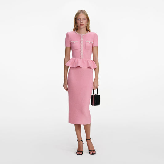 Pembe Peplum Örgü Midi Elbise