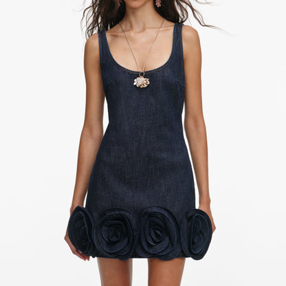 Indigo Denim 3D Çiçekli Mini Elbise
