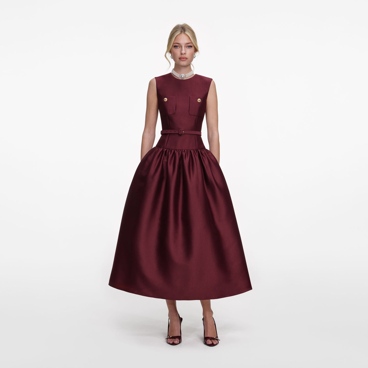 Bordo Tafta Midi Elbise