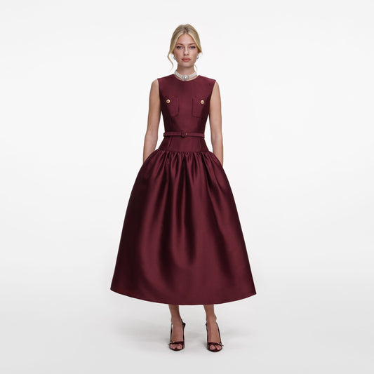 Bordo Tafta Midi Elbise