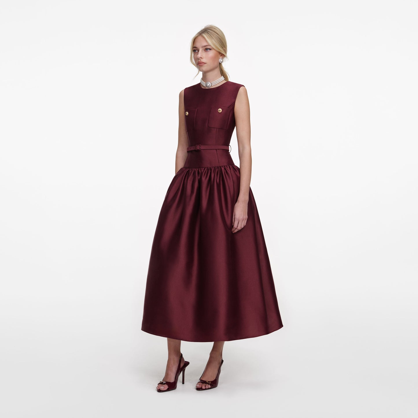Bordo Tafta Midi Elbise