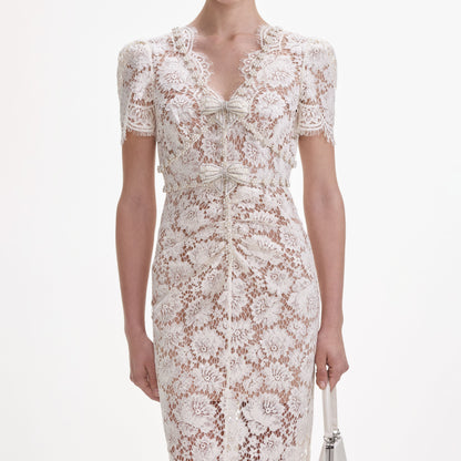 Krem İnce Dantel İnci Midi Elbise