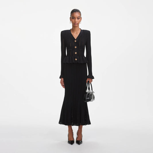 Siyah Örme Peplum Midi Elbise