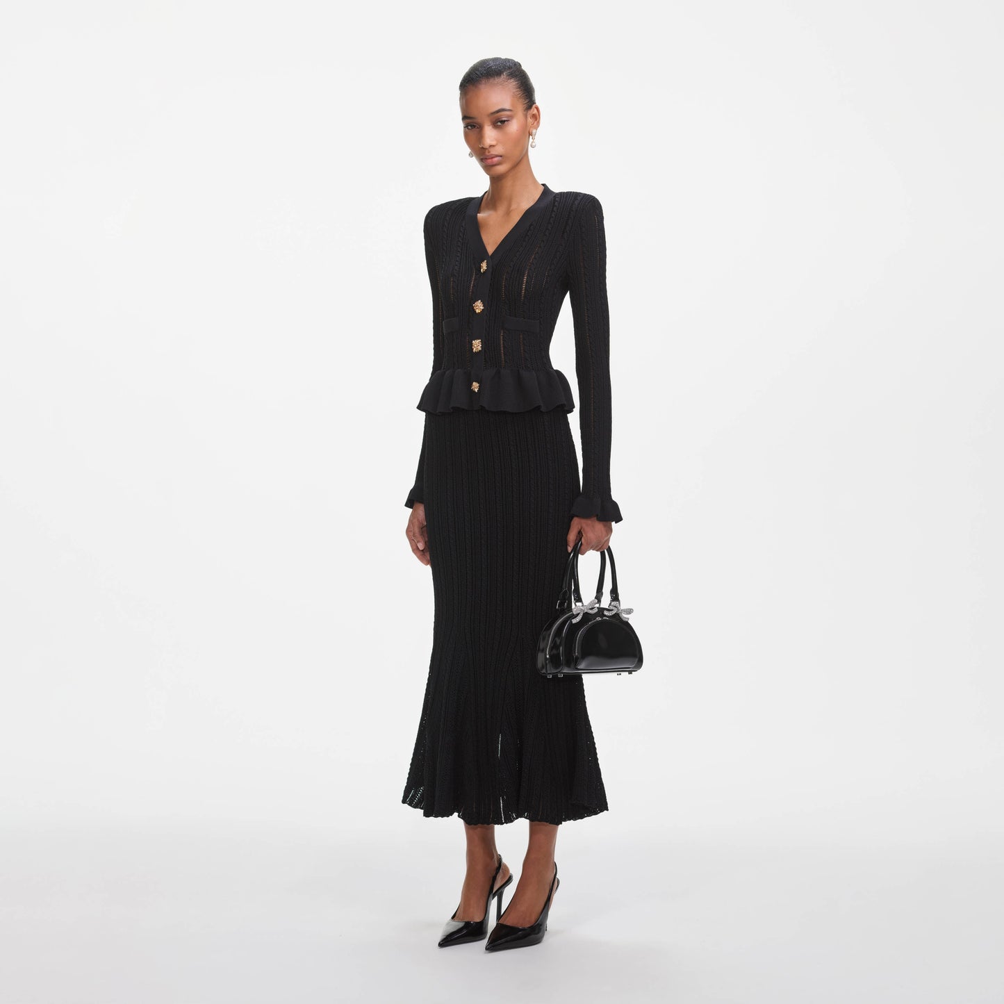 Siyah Örme Peplum Midi Elbise