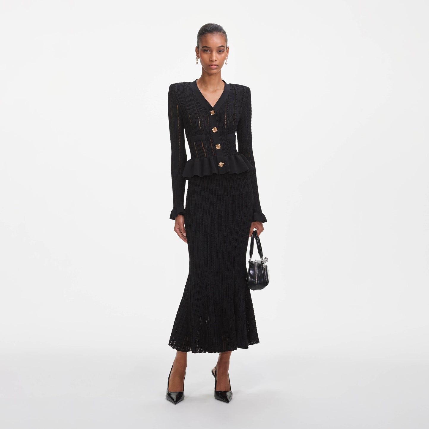 Siyah Örme Peplum Midi Elbise