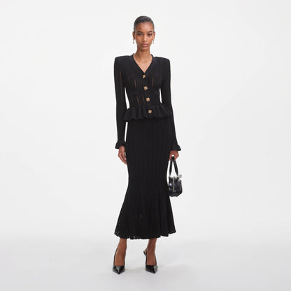 Siyah Örme Peplum Midi Elbise