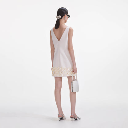Krem Krep 3D Pullu Mini Elbise